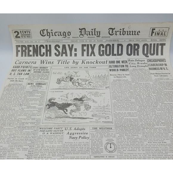 1933 Chicago Tribune Boxing Primo Carnera Wins Title French Fix Gold Navy Policy - Picture 1 of 14